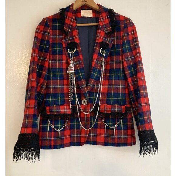 Punk Jacket Blazer Upcycled Boho Whimsigoth Plaid Academia Pendleton Reworked 10 - Picture 3 of 16